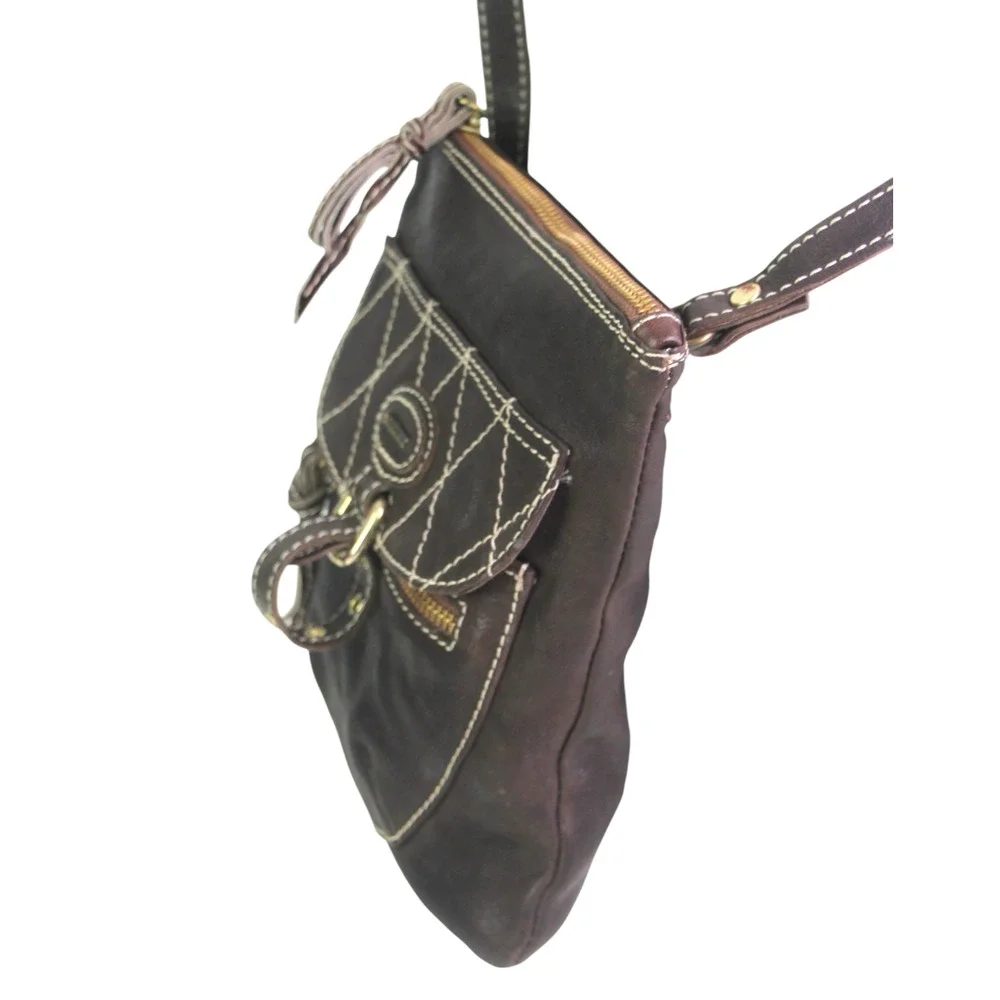 Marco Buggiani BROWN GENUINE LEATHER X-BODY ZIP TOP PURSE SHOULDER BAG HANDBAG